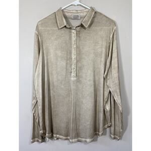 Ploumanac'h‎ Women's XL Beige Long Sleeve Collared Popover Top Distressed Blouse